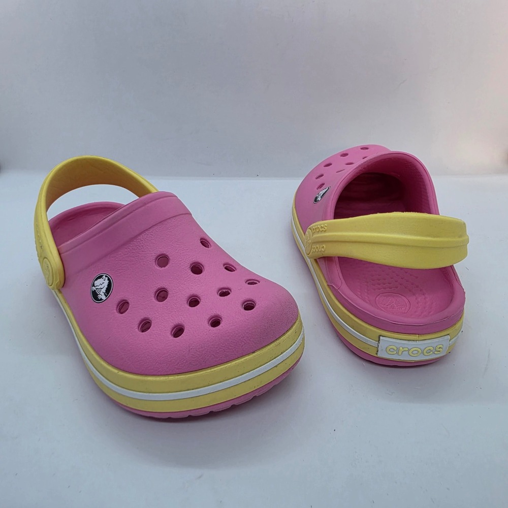 Crocs Kids Crocband Clogs Pink Yellow Toddler Size 6-7 Sporty Slip On Shoes